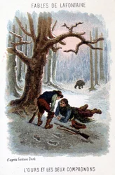 Ilustrace „Medvěd a dva společníci“, bajka od La Fontaine, založená na kresbě Gustava Doré.