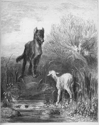 Vlk a beránek - z „Bajek“ Jeana de La Fontaine (Lafontaine) (1621-95) - rytina podle Gustava Dorého (1832-83) - Soukromá sbírka
