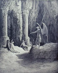 Satan u bran pekla, z II. knihy „Ztraceného ráje“, rytina Stéphana Pannemakera (1847-1930), kolem 1868