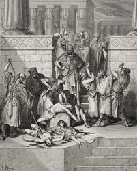Porážka synů Sidkijášových před jejich otcem, II Královská 25:7, ilustrace z Doreovy "Bible svaté", rytina Fournier