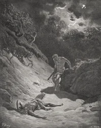 Smrt Ábela, Genesis 4:6-13, ilustrace z Doreovy "Bible svaté", vyryl Pisan