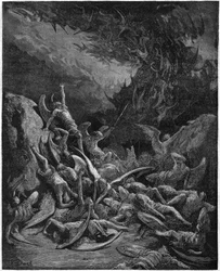 Ztracený ráj: padlí andělé. Podle kresby Gustava Dorého ilustrující „Paradise Lost“ anglického básníka Johna Miltona (1608-1674). Rytina z roku 1867. Soukromá sbírka