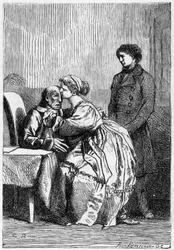 Marius a Cosette navštěvují nemocného Jeana Valjeana - v „“Les Miserables”” od Victora Huga, nemocného. od Brion, ed. Hetzel a Lacroix