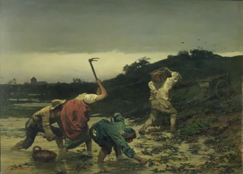 Rolníci sklízejí brambory během povodně Rýna v roce 1852