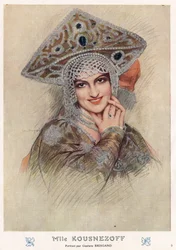 Portrét Marie Nikolajevny Kuzněcovové (Maria Kuzněcovová) (1880-1966), slavné ruské říše 20. století a sovětské operní pěvkyně a tanečnice ve „Fantasiu“ na počátku 20. století (kresba)