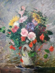 Francouzsky: Bouquet de marguerites, capucines et soleils dans un vase
německy: Kytice marguerit, nasturtií a slunečnic ve váze