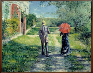 Cesta nahoru. Pár procházky v přírodě. Obraz Gustava Caillebotteho (1848-1894)