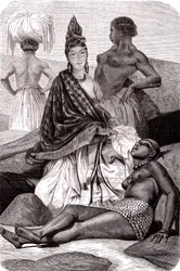 Signare, mulatky-francouzské africké ženy na ostrově Goree v Senegalu. 1861 (rytina)