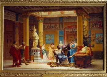 Opakování „Hráč na flétnu...“ a „La Femme de Diomede““ v atriu Maison Pompeienne v Paříži od prince Napoleona v roce 1860. Obraz Gustava Boulangera (1824-1888)