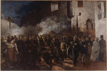 ""hasiči běží k ohni"" Obraz Gustava Courbeta (1819-1877) 1851 Rozměr 3,88 x 5,8 m Paříž, Musee du petit palais Hasiči běží k ohni - Courbet, Gustave (1819-1877) - 1851 - Oil na plátně - 388x580 - Petit Palais, Muzeum výtvarných umění