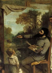 Malířská dílna. Alegorie Reelle určující sedmiletou fázi mého uměleckého života (a morálního) Detail zobrazující malíře obdivovaného dítětem symbolizující nevinnost mládí. Obraz Gustava Courbeta (1819-1877)