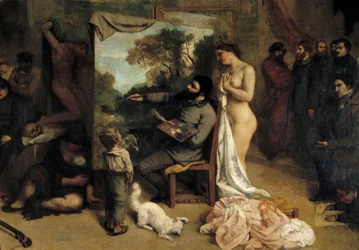 Malířův ateliér. Reálná alegorie určující sedmiletou etapu mého uměleckého a morálního života. Detail zobrazující malíře obklopeného dvěma zdroji inspirace, dítětem symbolizujícím naivitu a nahou ženou. Obraz Gustava Courbeta (1819-1877)