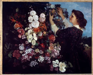 Žena s květinami nebo mříž. Obraz Gustava Courbeta (1819-1877)
