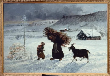Vesnická chudoba, Ornans. Rolka s dcerou přinášejí chléb, palandy dřeva a kozu jako zásobu na zimu. Obraz Gustava Courbeta (1819-1877) 19. století Sun. 1,26 x 0,85 m. Soukromá sbírka