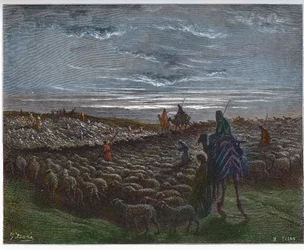 Abraham Journeying Into the Land of Canaan - Abram se usadil v zemi Canaan - rytina v „The Bible illustree“ od Gustava Dore (1832-1883) - Rytina z „“The Dore Bible““
