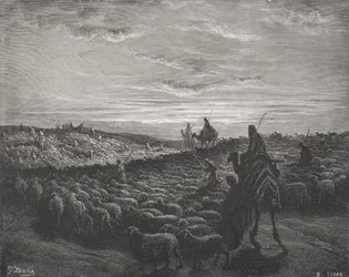 Abraham Journeying Into the Land of Canaan, Genesis 13:1-4, ilustrace z Doreovy „Svaté bible“, vyryté Pisanem, 1866