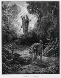 Adam a Eva vyhnaní andělem z rajské zahrady, ilustrace z Doréovy bible