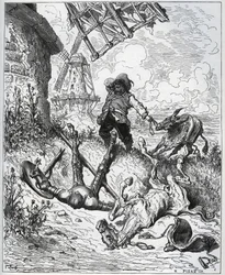 Po útoku dává větrným mlýnům – „“ Misericorde! "" Sancho - z "" Don Quijote de la Mancha"" od Miguela Cervantese (1547-1616) (Don Quijote) - dřevořez podle kresby Gustava Dore