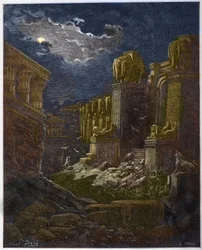 Zřícenina Babylonu - Pád Babylonu - Babylon v troskách (vize svatého Jana) - Rytina v „The Bible illustree“ od Gustava Dore (1832-1883) - Rytina z „“The Dore Bible““