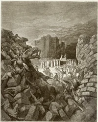 Bible: Pád hradeb Jericha. Rytina Gustava Doreho, kolem roku 1860.