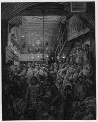 Billingsgate - Prodej Ryb V Criee. Ilustrace pro Londýn od Louis Enault ilustroval Gustave Dore