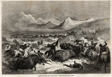 Lov buvolů mezi Delawary, Indiány žijícími na březích stejnojmenné řeky, kresba Gustave Dore (1832-1883), pro ilustraci plavby Mississippi do Tichého oceánu v letech 1853-54 od Baudouina Mollhausena (1825- 1905). Engravi