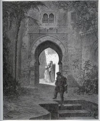 Zajatý příběh. První setkání zajatce se Zoraide v zahradě otce, který ji přivede zpět po své nechutné fintě z „Don Quijote de la Mancha“ od Miguela Cervantese