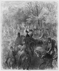 Kočáry a jezdci v Hyde Parku, ilustrace z „Londýna“ od Louise Enaulta (1824-1900) 1876, vyrytý Paul Jonnard-Pacel († 1902) Paříž, Hachette