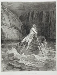 Charón, převozník pekla, z Dantovy Alighieriho Božské komedie (Peklo), rytina Stéphana Pannemakera (1847-1930), kolem 1868