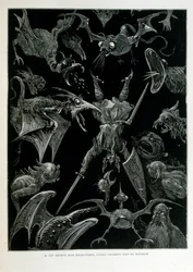 Croque-Mitaine; 1863 ilustrace, Gustave Dore (1832 – 1883); Francouzský výtvarník, grafik, ilustrátor. Croque-Mitaine (Bogeyman) zlomyslná postava představená dětem, aby je vyděsila, a tak je učinila moudřejšími.