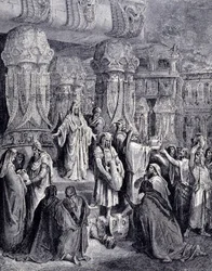 Kýros II. Veliký (580 př. n. l. - 530 př. n. l.) osvobodil při svém příchodu do Babylonu v roce 539 př. n. l. zajaté národy a vrátil židovskému lidu posvátné nádoby, které byly odvezeny jako kořist z jeruzalémského chrámu. Rytina Gustava Dorého.