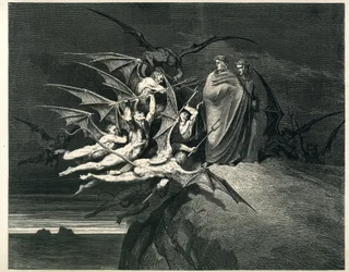 Dante a Vergilius čelí démonům. Rytina z díla Dante Alighieriho Peklo (Božská komedie) ilustrovaná Gustavem Dorem. Francouzské vydání z roku 1861. "... Nessun di voi sia fello!" (Ať se nikdo z vás nebouří!)". , zpěv 21, v. 72.