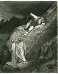 Dante a Vergilius se setkávají s Minotaurem. Rytina z Pekla Danta Alighieriho (Božská komedie) ilustrovaná Gustavem Dorem. Francouzské vydání z roku 1861. "E in su la punta della rotta lacca/L