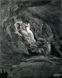 Dante a Vergilius s Paolem a Franceskou, ilustrace k Peklu, zpěv V Božské komedie Danteho Alighieriho (1265-1321), Gustave Doré (1832-1883)