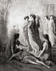 Daphnis et Alcimadure, z konce 19. století vydání Fables de La Fontaine (dřevoryt)
