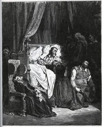 Smrt Dona Quijota [Obklopen svou neteří, hospodyní Sancho Panzou, farností, holičem a svobodným mládencem Samsonem Carrascem – od „“Dona Quijota de la Mancha““ od Miguela Cervantese (1547-1616) (Don Quijote) – Dřevoryt podle kresby Gustave Dore