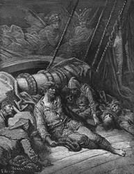 Debata mezi dvěma spřízněnými duchy Ducha jižního pólu o tom, zda námořník dostatečně odčinil zabití Albatrosa, scéna z díla „The Rime of the Ancient Mariner“ od S. T. Coleridge, vydal Harper & Brothers, New York