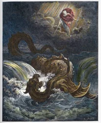 Zničení Leviatana – Zničení Leviatana, mořské příšery ze Starého zákona – rytina v „“The Bible illustree““ od Gustava Dore (1832-1883) – rytina z „“The Dore Bible““