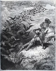 Don Quijote a la cave de Montesinos – Z Montesinosovy jeskyně vylétne nekonečné množství vran a havranů a srazí Dona Quijota k zemi (II, 22) – z „“ Don Quijote de la Mancha““ od Miguela Cervantese (1547- 1616) (Don Quijote) - Dřevoryt po kresbě