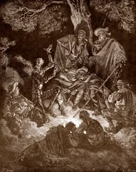 Don Quijote a Sancho Panza s pastevci koz Rytina Gustava Dore (1832-1883) pro „L