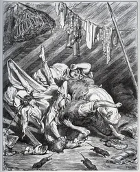 Don Quijote a mezkař bojují o Maritornes, hospodyni, kterou Don Quijote považuje za svou Dulcineu - z „Důmyslného rytíře Dona Quijota de la Mancha“ od Miguela de Cervantese (1547-1616) - dřevoryt podle kresby Gustava Dorého