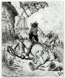 Don Quijote a větrné mlýny, z díla „Důmyslný rytíř Don Quijote de la Mancha“ od Miguela de Cervantese (1547-1616), rytina Héliodora Josepha Pisana (1822-90)