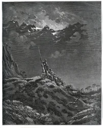 Don Quijote jde na misi pro Dorothee, doprovázen Sancho Panzou, holičem, Dorothee, léčitelem a Cardeniem - z „Don Quijote de la Mancha“ od Miguela Cervantese (1547-1616) (Don Quijote) - Dřevoryt podle kresby Gustava Dore