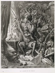 Don Quijote ve své knihovně, vyrytý Heliodorem Josephem Pisanem (1822-90) kolem roku 1868