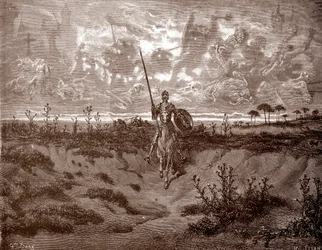 Don Quijote se vydává za svými dobrodružstvími Rytina Gustava Dore (1832-1883) pro „L