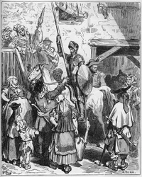 Don Quijote si myslel, že těží z pohostinnosti lorda, odmítl zaplatit hoteliérovi - z „Don Quijote de la Mancha“ od Miguela Cervantese (1547-1616) (Don Quijote) - Dřevoryt podle kresby Gustava Dore