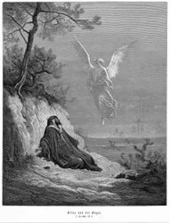 Eliáš jde do pouště a prosí o smrt, ale přichází anděl a přikazuje mu: „Vstaň a jez.“ Bible, 1 Královská 19,5. Z Bible Gustava Dorého 1865-1856. Dřevořez