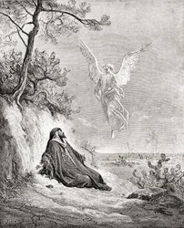 Eliáš živený andělem. Podle díla z Bible Gustava Dorého. Z knihy Život a vzpomínky na Gustava Dorého, vydané roku 1885.