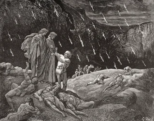 Rytina Gustava Doreho 1832-1883 Francouzský malíř a ilustrátor pro Inferno od Dante Alighieriho, XV. díl, řádky 28 a 29