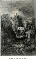 Rytina Gustava Doreho na frontispisu románu Theophila Gautiera "Kapitán Fracasse". Charpentierovo vydání 1863. Zámek Chateau de la Misere, sídlo barona de Sigognac.